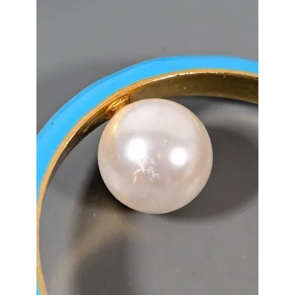 Turquoise Blue Enamel Hoop Earrings Faux‎ Pearl Signed Kenneth Lane - Picture 9 of 10